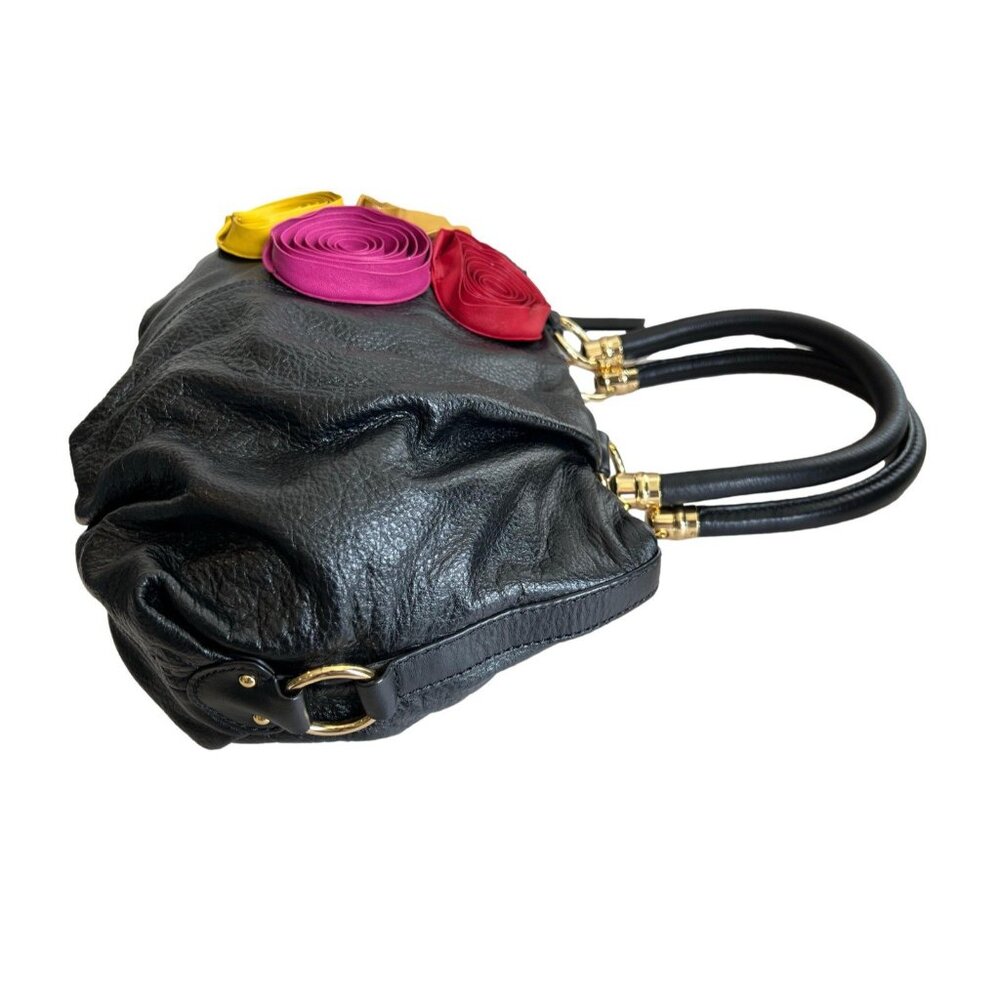 Antonio Melani Black Leather Shoulder Purse Rosebud Accents Gold Metal - Picture 4 of 11